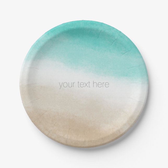 Watercolor Teal & Tan Elegant Beach Wedding Paper Plate (Front)