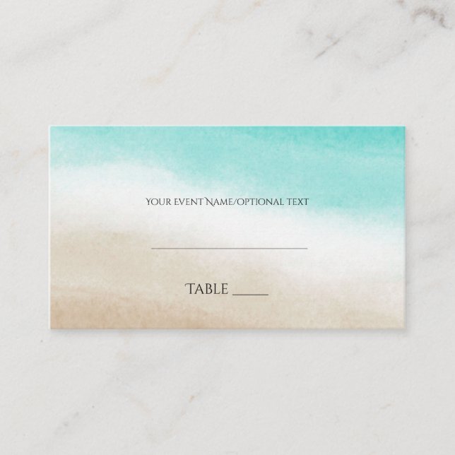 Watercolor Teal & Tan Elegant Beach Wedding Place Card (Front)