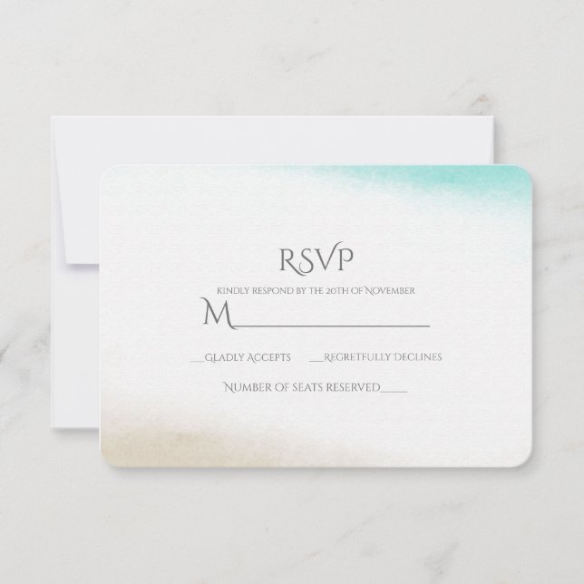 Watercolor Teal & Tan Subtle Beach Wedding RSVP Card (Front)