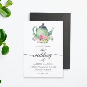 Watercolor Teapot and Floral Wedding Invitation