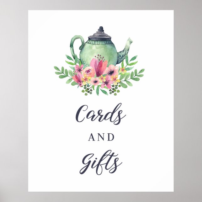Watercolor Teapot Cards and Gift Shower Sign (Front)