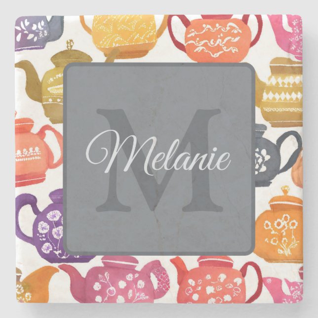 Watercolor Teapot Pattern Peronalised Monogram Stone Coaster (Front)