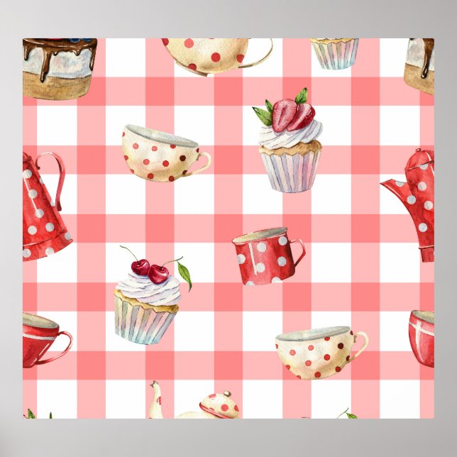 Watercolor Teapots: Cupcakes Seamless Pattern Poster (Front)