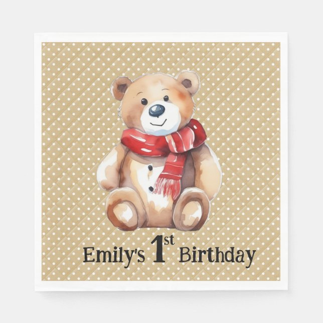 Watercolor Teddy Bear 1st Birthday Napkin (Front)