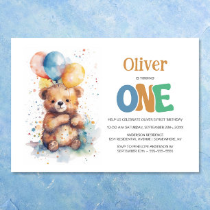 Watercolor Teddy Bear 1st Birthday Party Invitation
