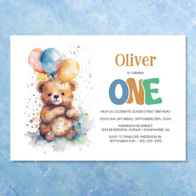 Watercolor Teddy Bear 1st Birthday Party Invitation (Creator Uploaded)