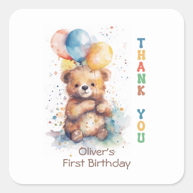 Watercolor Teddy Bear 1st Birthday Thank You Square Sticker (Front)
