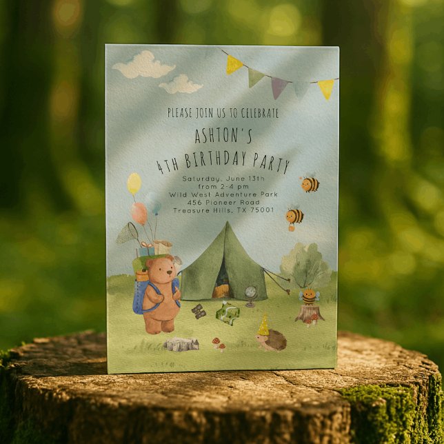 Watercolor Teddy Bear, Adventure birthday Invitation (Creator Uploaded)