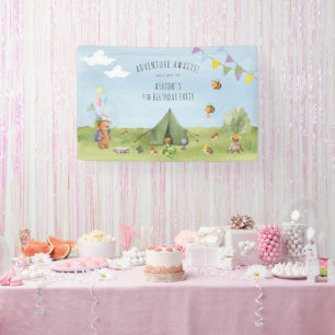 Watercolor Teddy Bear, Adventure birthday welcome Banner
