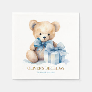 Watercolor Teddy Bear and Gift First Birthday Napkin