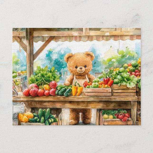 Watercolor Teddy Bear at Farmers Market Postcard (Front)