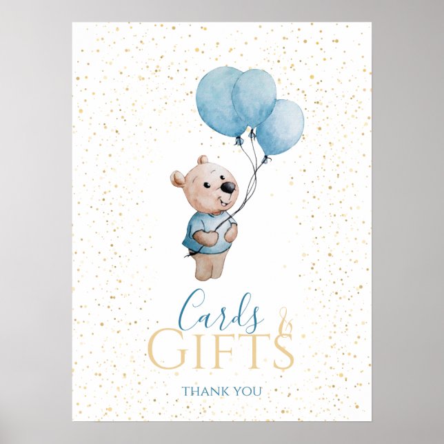 Watercolor Teddy Bear Baby Shower Gold Cards Gifts Poster (Front)