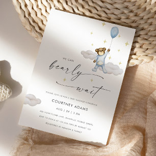 Watercolor Teddy Bear Balloon Blue Baby Shower Invitation