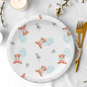 Watercolor Teddy Bear Balloon Boy Baby Shower Paper Plate