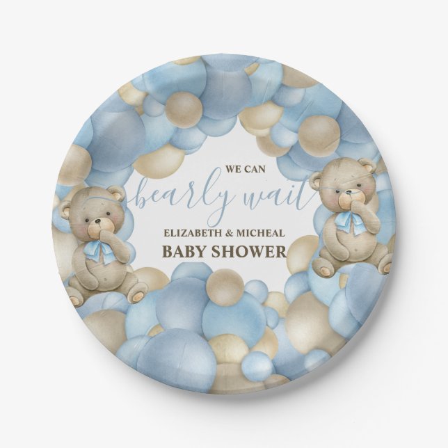 Watercolor Teddy Bear Balloon Theme Paper Plate (Front)