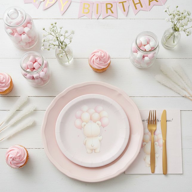 Watercolor Teddy Bear Balloons Baby Shower Paper Plate (Creator Uploaded)
