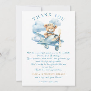 Watercolor Teddy Bear & Balloons First Birthday Pa Thank You Card