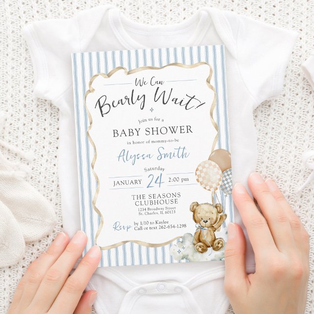 Watercolor Teddy Bear Bearly Wait Baby Boy Shower Invitation (Cute teddy bear theme We Can Bearly Wait bow checkerboard balloons blue baby boy shower invitation)