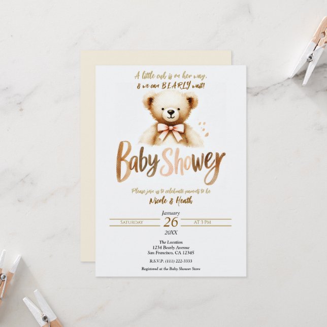 Watercolor Teddy Bear Bearly Wait Baby Shower  Invitation (Front/Back In Situ)