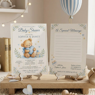 Watercolor Teddy Bear Blue Baby Shower Invitation