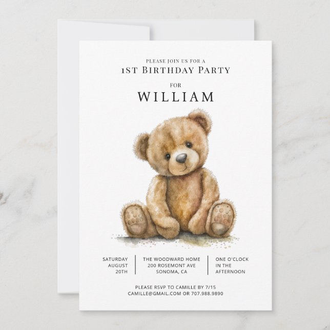 Watercolor Teddy Bear Boy 1st Birthday Invitation (Front)