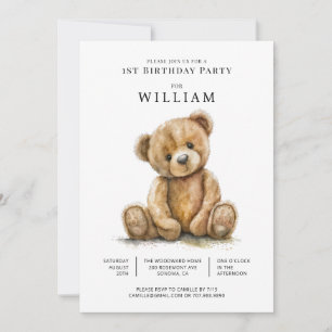 Watercolor Teddy Bear Boy 1st Birthday Invitation