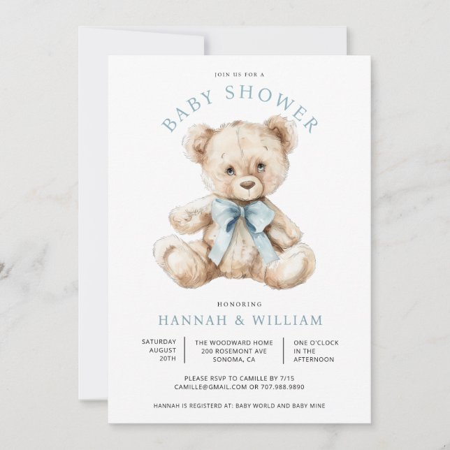 Watercolor Teddy Bear Boy Blue Baby Shower  Invitation (Front)