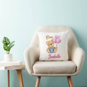 Watercolor Teddy Bear First Birthday Baby Cushion