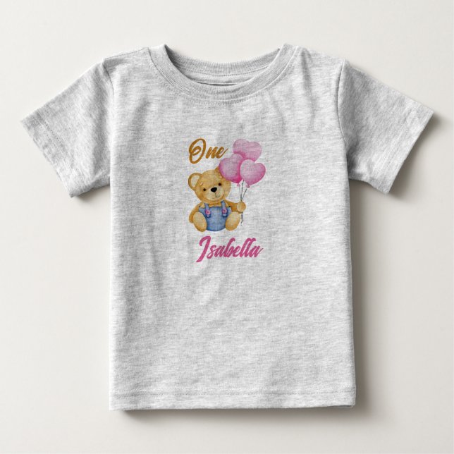 Watercolor Teddy Bear First Birthday Baby T-Shirt (Front)