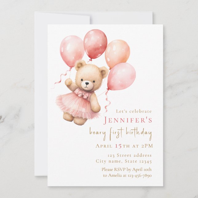 Watercolor Teddy Bear Girl 1st Birthday Invitation (Front)