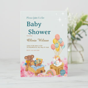 Watercolor Teddy Bear Hot Air Balloon Baby Shower  Invitation
