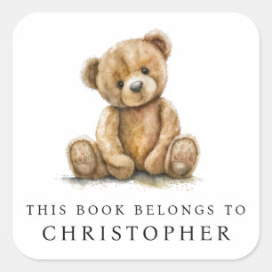 Watercolor Teddy Bear Kids Name Bookplate Label