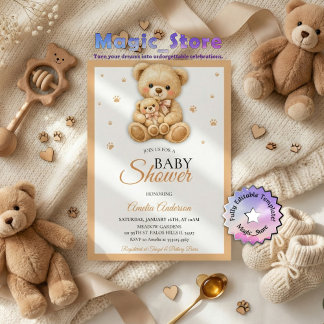 Watercolor Teddy Bear Mommy Cub Paws Baby Shower Invitation