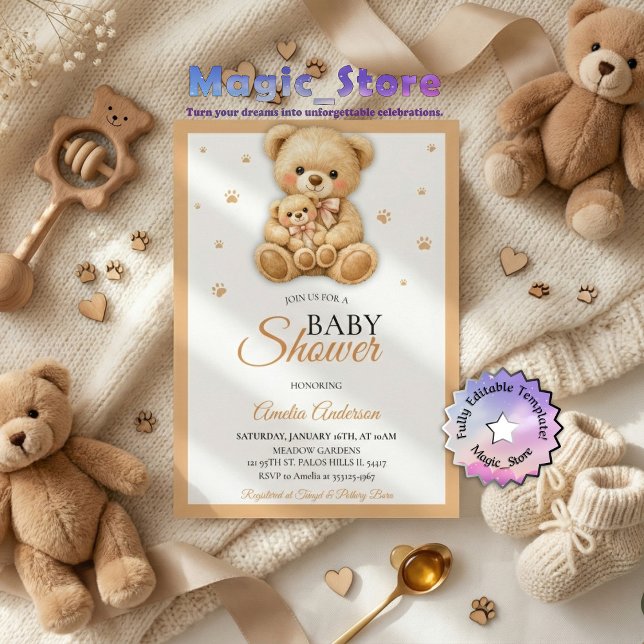 Watercolor Teddy Bear Mommy Cub Paws Baby Shower Invitation (Creator Uploaded)