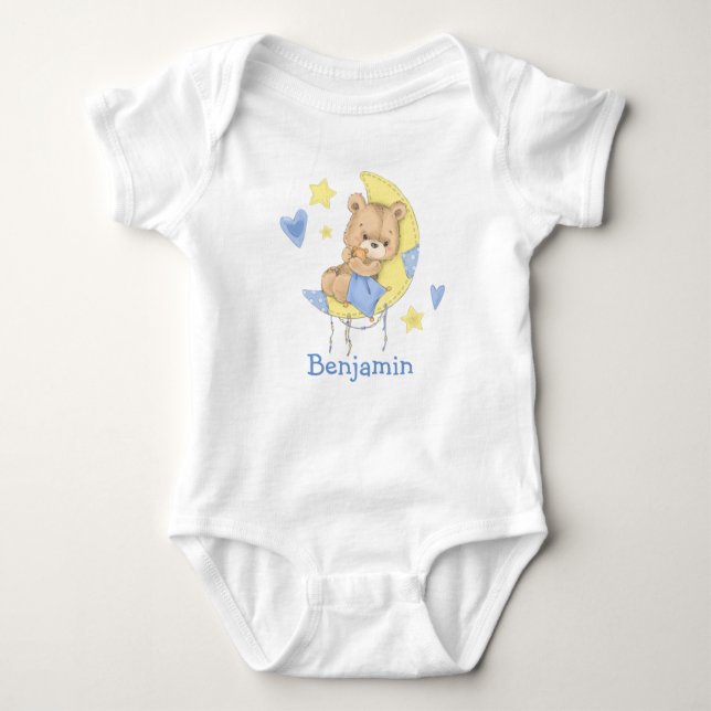Watercolor Teddy Bear Moon Baby Bodysuit (Front)