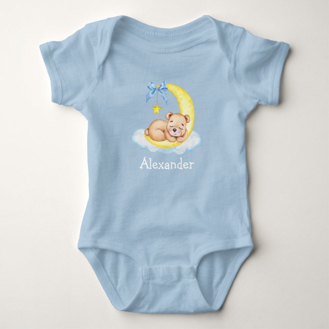 Watercolor Teddy Bear Moon Bow Blue Baby Bodysuit (Front)