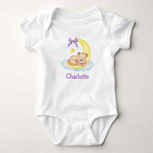 Watercolor Teddy Bear Moon Purple Bow Baby Bodysuit