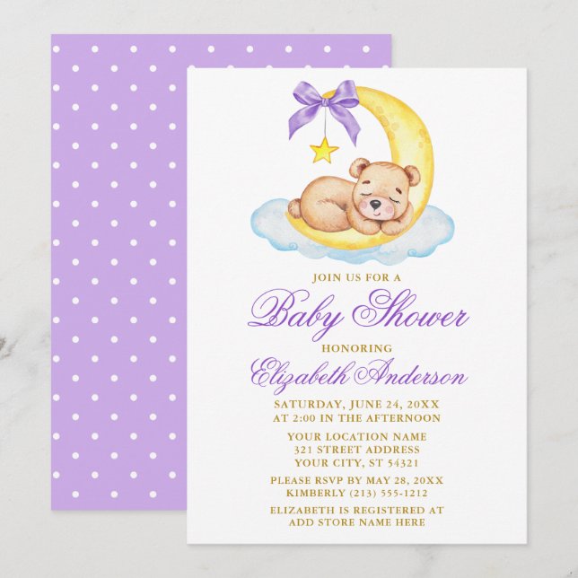 Watercolor Teddy Bear Moon Purple Dots Baby Shower Invitation (Front/Back)