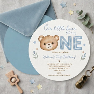 Watercolor Teddy Bear ONE 1st Birthday Invitation