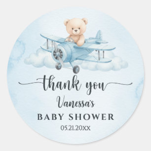Watercolor Teddy Bear Pilot Baby Shower Thank You Classic Round Sticker