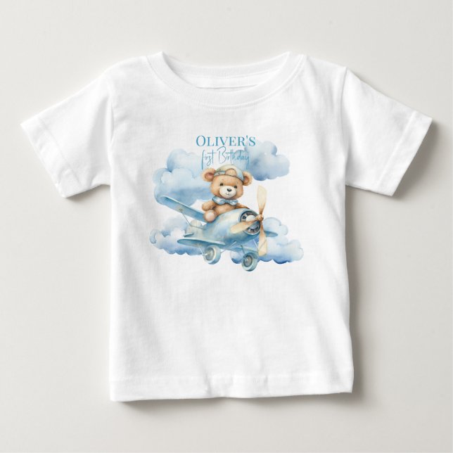 Watercolor Teddy Bear Pilot First Birthday Baby T-Shirt (Front)