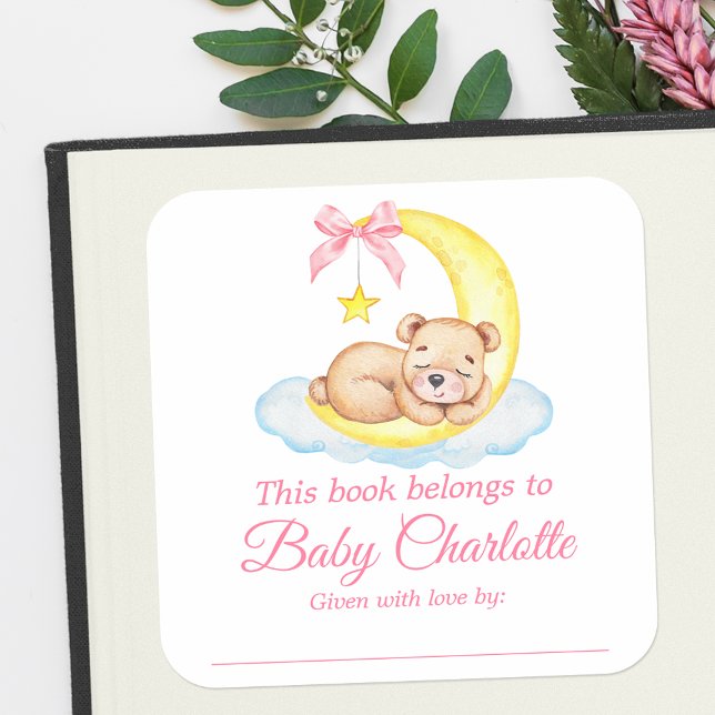 Watercolor Teddy Bear Shower Pink Bookplate Labels (Customize to change text size, color or text style.)