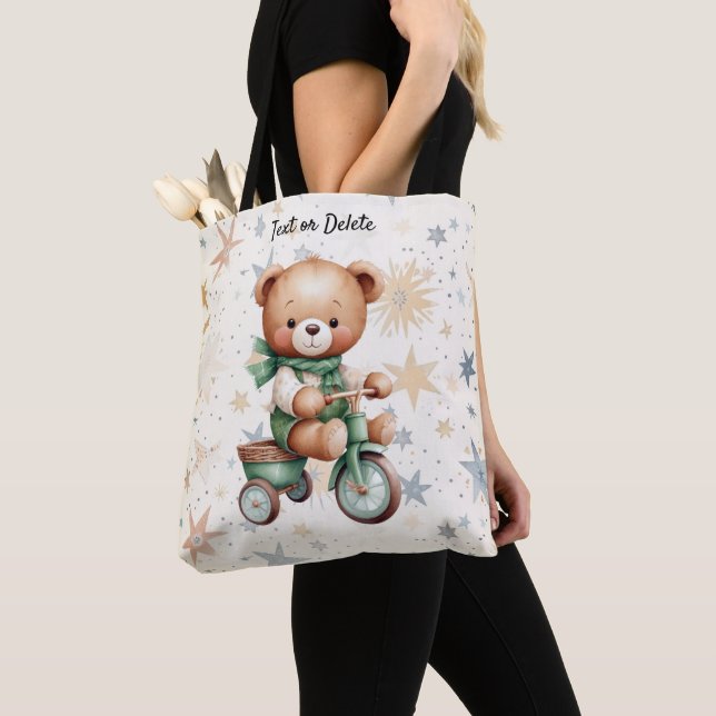 Watercolor Teddy Bear Stars Green Bike Beautiful Tote Bag (Close Up)