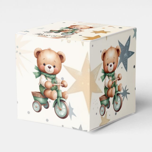 Watercolor Teddy Bear Stars Green Bike Party Favour Box (Front Side)
