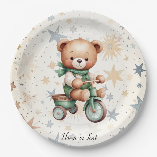 Watercolor Teddy Bear Stars Green Bike Party Paper Plate (Front)