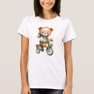 Watercolor Teddy Bear Stars Green Bike Party Women T-Shirt