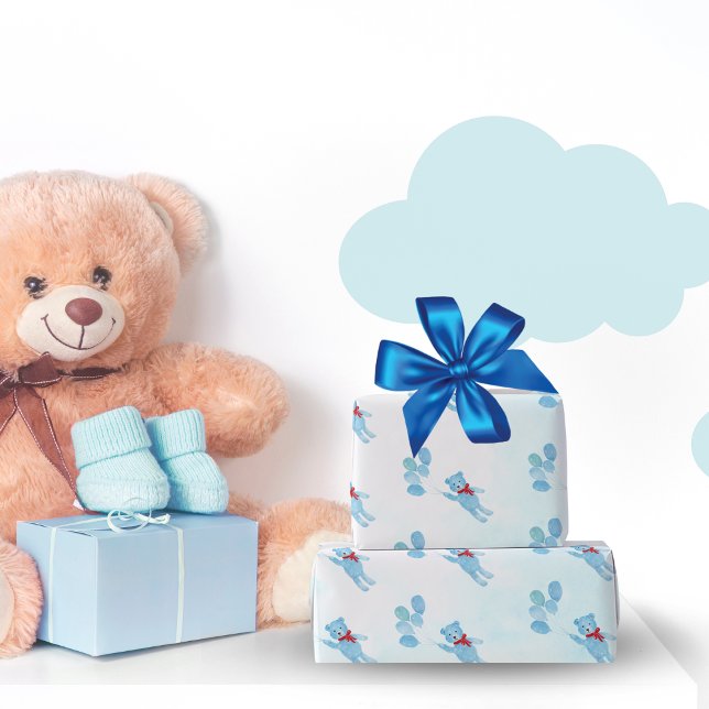 Watercolor Teddy Bear With Balloons Wrapping Paper (Creator Uploaded)