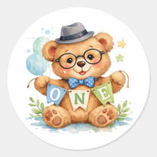 Watercolor Teddy Bear with ONE Banner Birthday  Classic Round Sticker