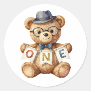 Watercolor Teddy Bear with ONE Banner Birthday  Classic Round Sticker