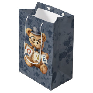 Watercolor Teddy Bear with ONE Banner Birthday  Medium Gift Bag